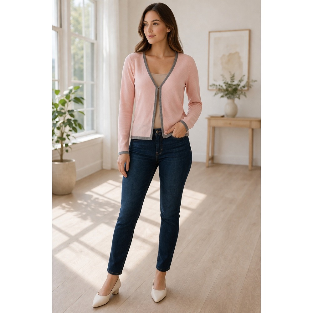 ESCADA Pink Merino Wool V Neck Cardigan Sweater Open Front Size 34